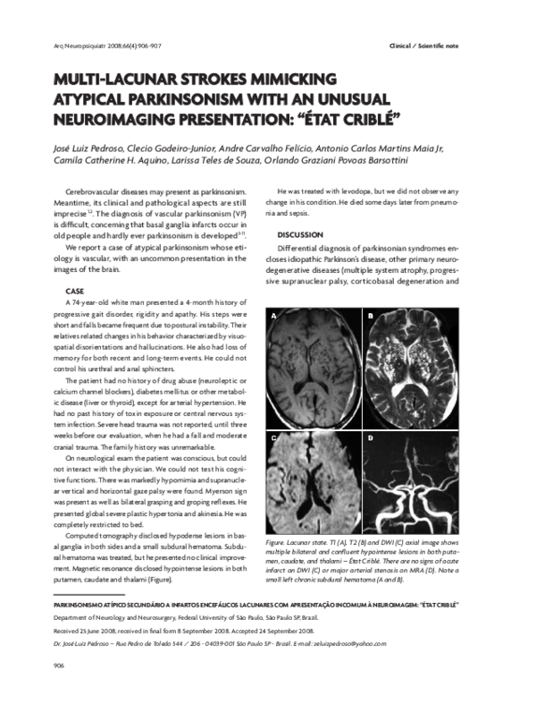 (PDF) Multilacunar strokes mimicking atypical parkinsonism with an ...