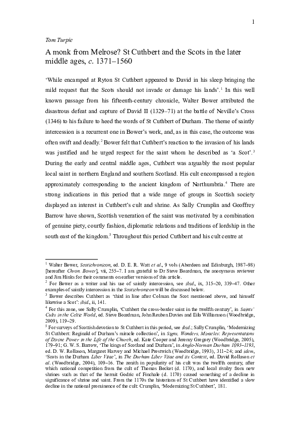 A Monk from Melrose? St Cuthbert and the Scots in the later middle ages, c. 1371-1560’