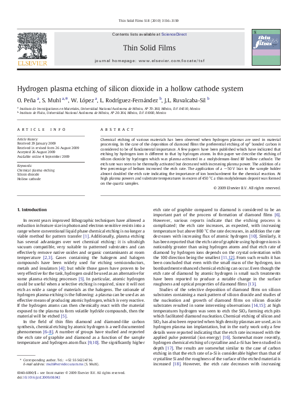 (PDF) Hydrogen plasma etching of silicon dioxide in a hollow cathode system