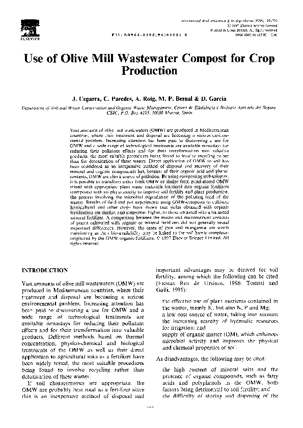 (PDF) Use of olive mill wastewater compost for crop production