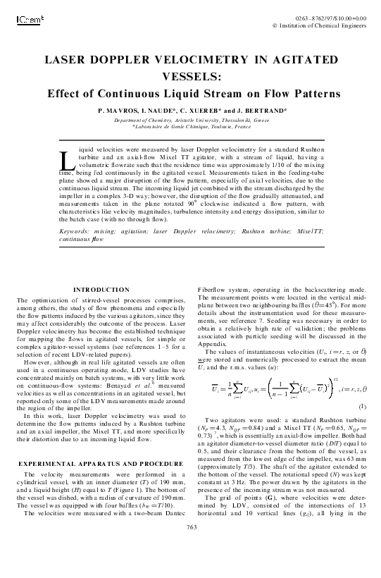 (PDF) Laser Doppler Velocimetry in Agitated Vessels Catherine Xuereb