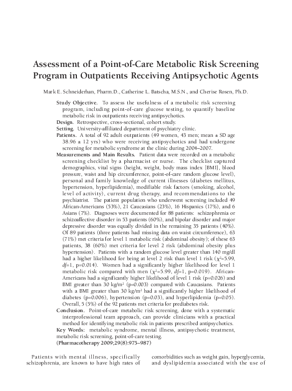 (PDF) Assessment of a Point-of-Care Metabolic Risk Screening Program in ...