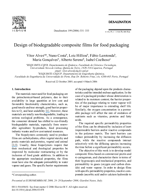 (PDF) Design of biodegradable composite films for food packaging FABIO LAROTONDA, Isabel