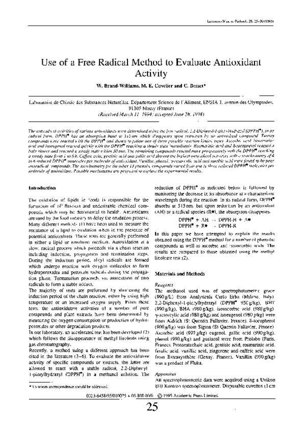 (PDF) Use of a Free Radical Method to Evaluate Antioxidant Activity