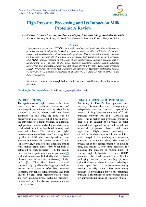 (PDF) High Pressure Processing and Its Impact on Milk Proteins: A Review