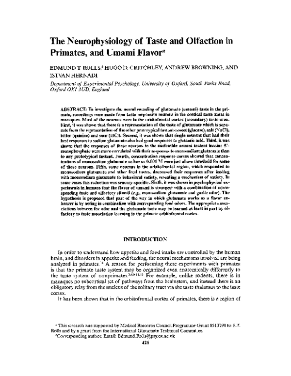 (PDF) The Neurophysiology of Taste and Olfaction in Primates, and Umami ...