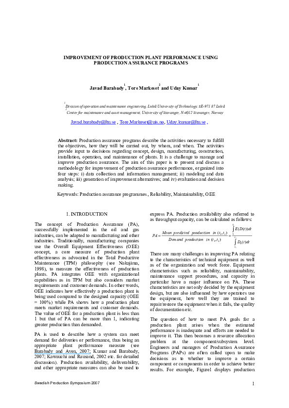 (PDF) A framework for improvement of production plant performance using ...