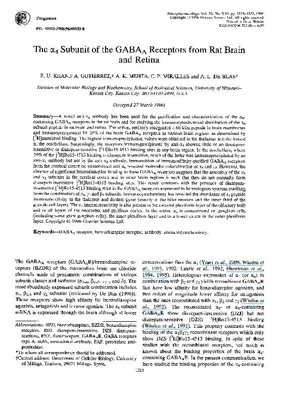 (PDF) The α 4 Subunit of the GABA A Receptors from Rat Brain and Retina