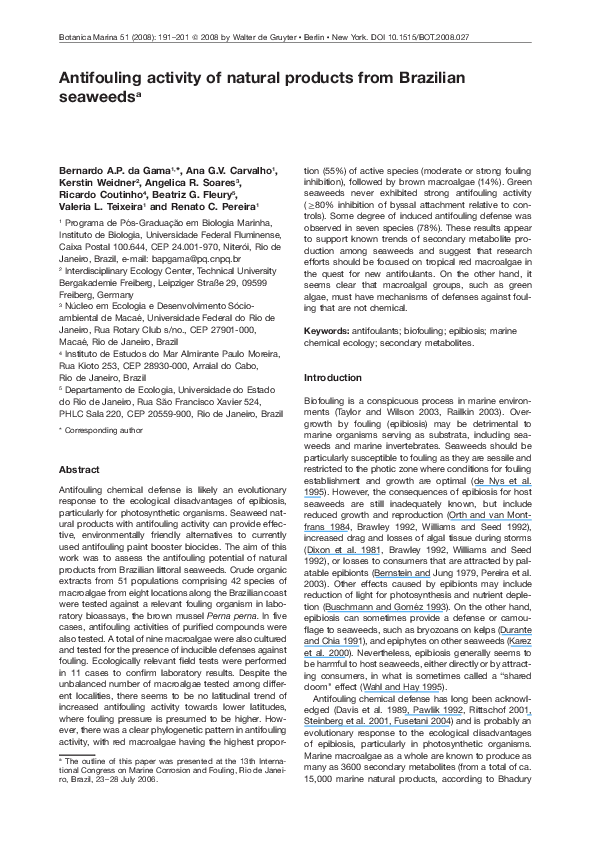 (PDF) Antifouling activity of natural products from Brazilian seaweeds
