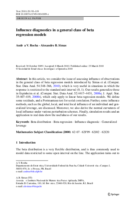 (PDF) Influence diagnostics in a general class of beta regression models