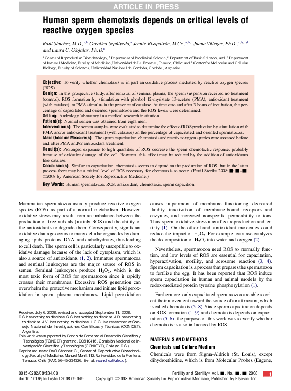 (PDF) Human sperm chemotaxis depends on critical levels of reactive