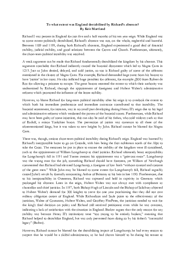 To what extent was England destabilised by Richard's absence?