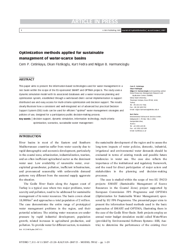 (PDF) Optimization methods applied for sustainable management of water ...