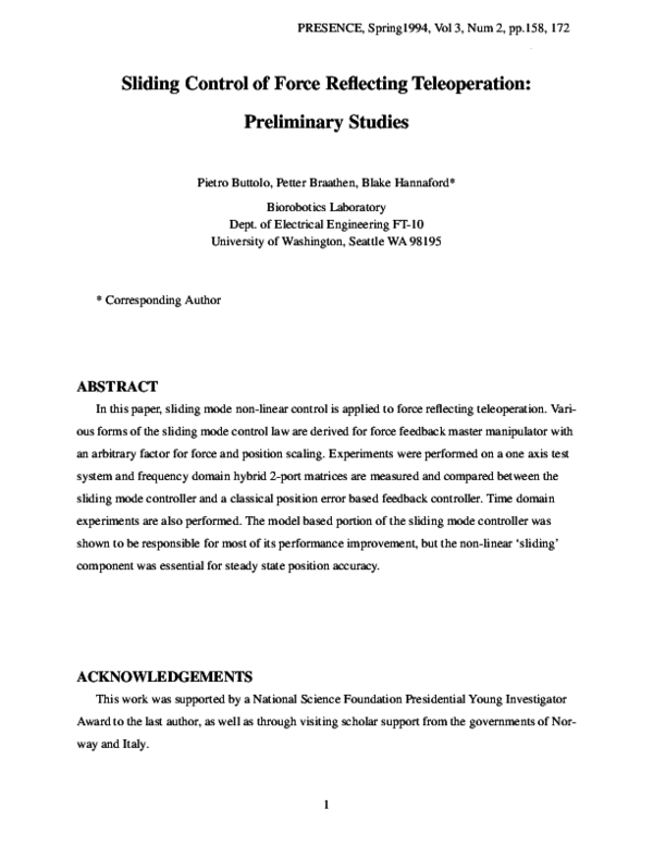 (PDF) Sliding Control of Force Reflecting Teleoperation: Preliminary ...