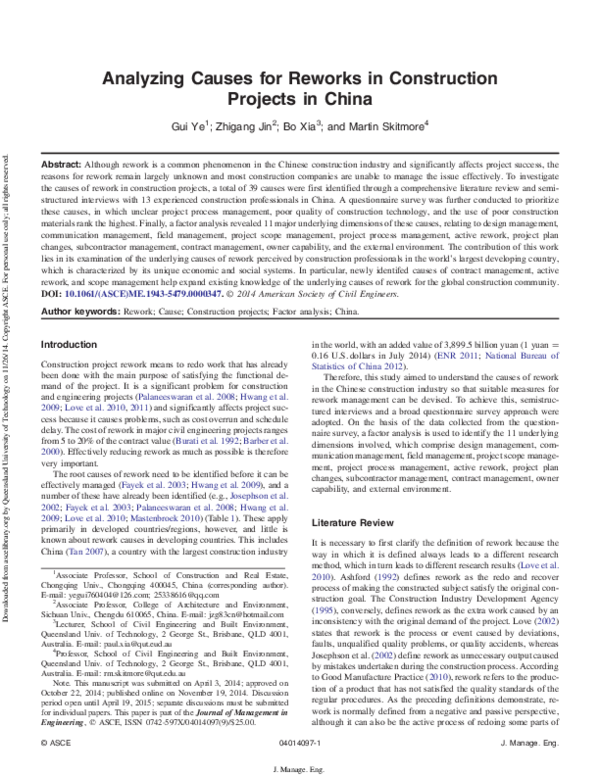 (PDF) Analyzing Causes for Reworks in Construction Projects in China