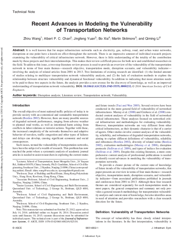 (PDF) Recent Advances in Modeling the Vulnerability of Transportation ...