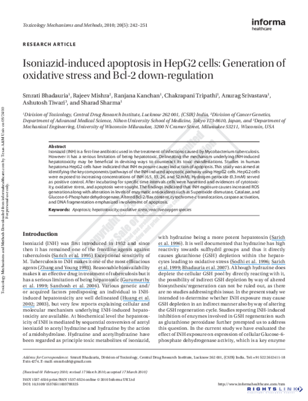 (PDF) Isoniazid-induced apoptosis in HepG2 cells: Generation of ...