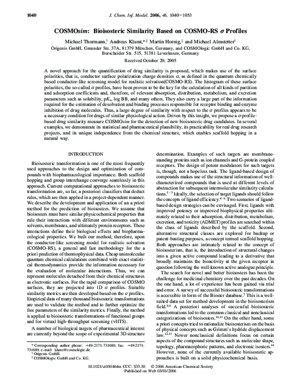 (PDF) COSMOsim: Bioisosteric Similarity Based on COSMO-RS sigma Profiles