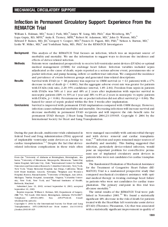 (PDF) Infection in permanent circulatory support: Experience from the ...
