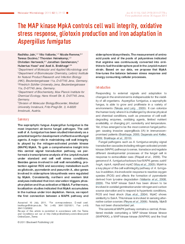 (PDF) The MAP kinase MpkA controls cell wall integrity, oxidative ...