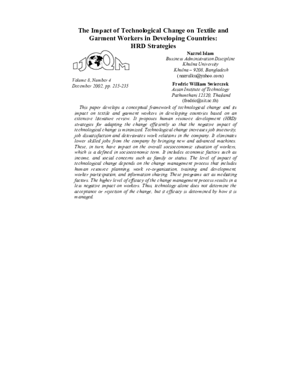 (PDF) The Impact of Technological Change on Textile and Garment Workers ...