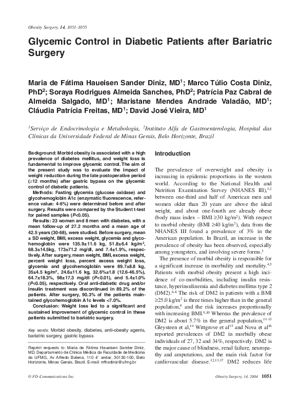(PDF) Glycemic Control in Diabetic Patients after Bariatric Surgery