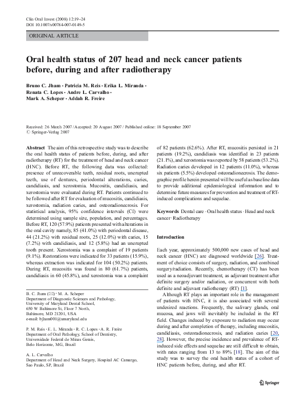 (PDF) Oral health status of 207 head and neck cancer patients before ...