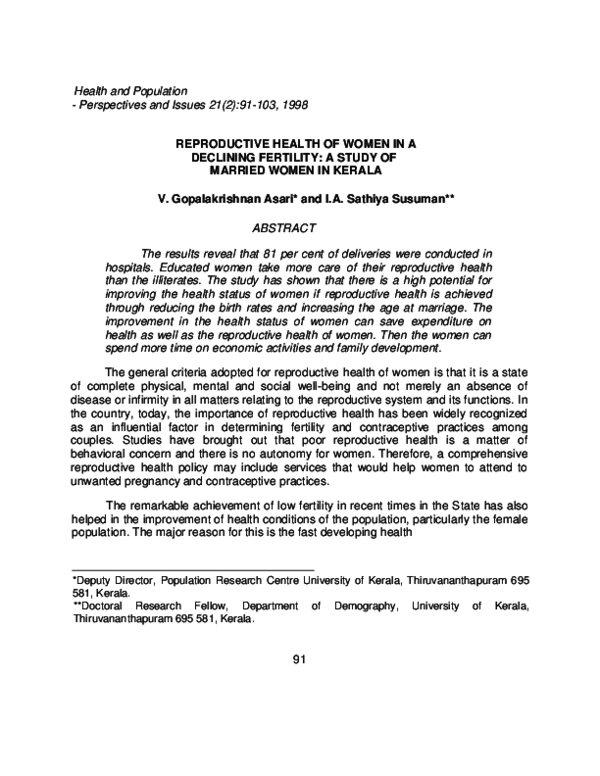 (PDF) Reproductive Health of Women in a Declining Fertility: A Study of ...