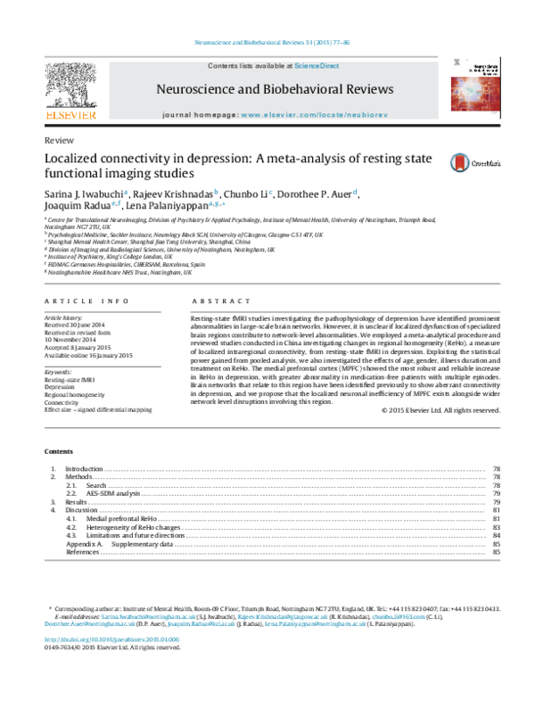 (PDF) Localized connectivity in depression: A meta-analysis of resting ...