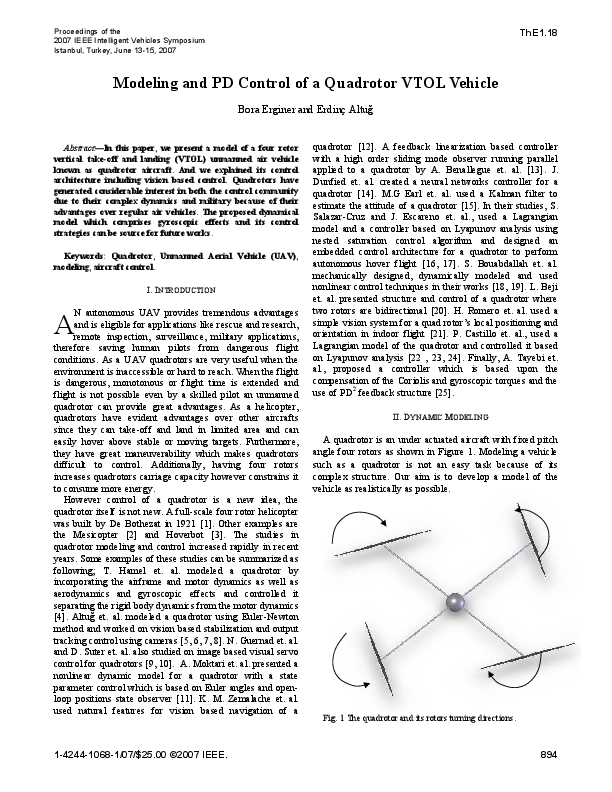 (PDF) Modeling and PD control of a quadrotor VTOL vehicle