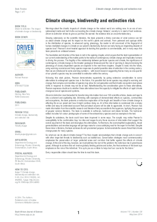 (PDF) Climate change, biodiversity and extinction risk