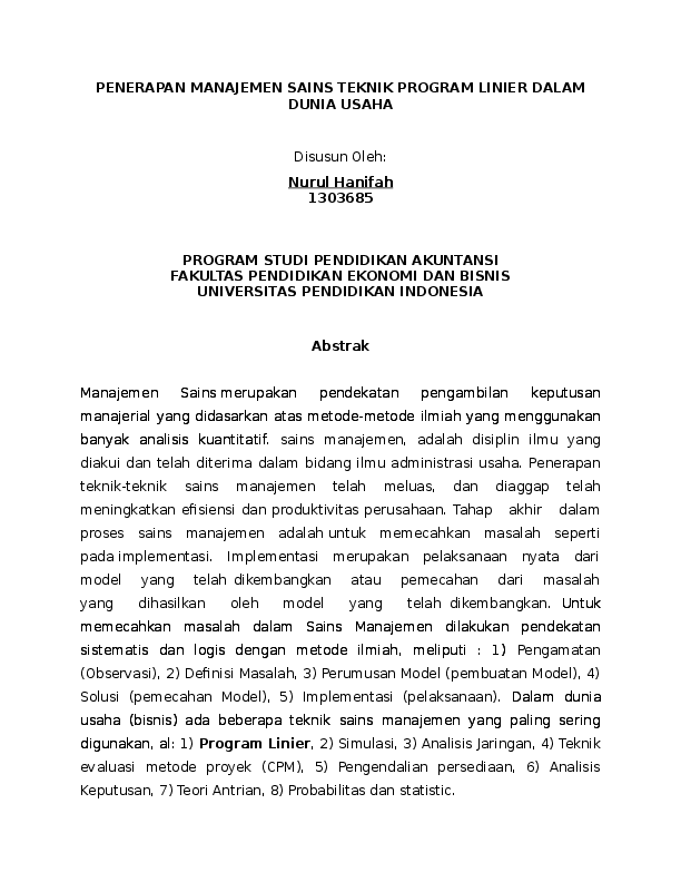 Doc Penerapan Manajemen Sains Teknik Program Linier Dalam Dunia Usaha Nurul Hanifah Academia Edu