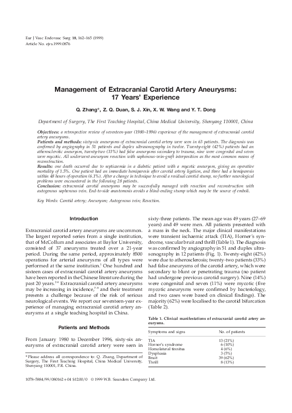 (PDF) Management of Extracranial Carotid Artery Aneurysms:17 Years ...
