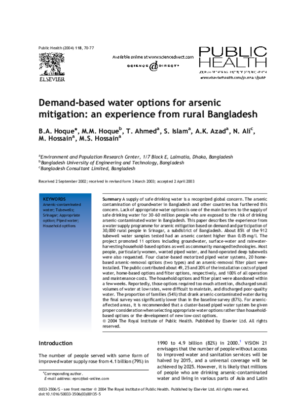 (PDF) Demand-based water options for arsenic mitigation: an experience ...