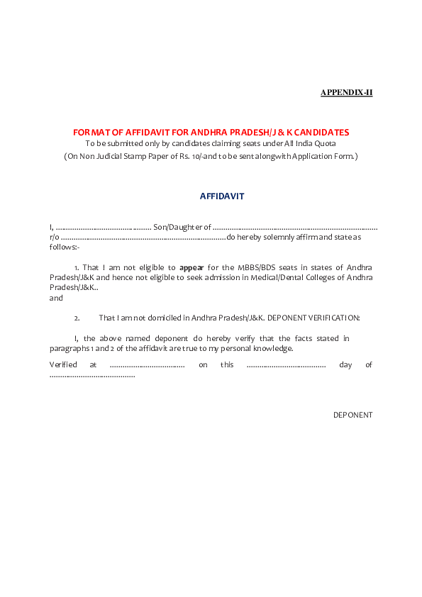 (PDF) FORMAT OF AFFIDAVIT FOR ANDHRA PRADESH/J & K CANDIDATES anu