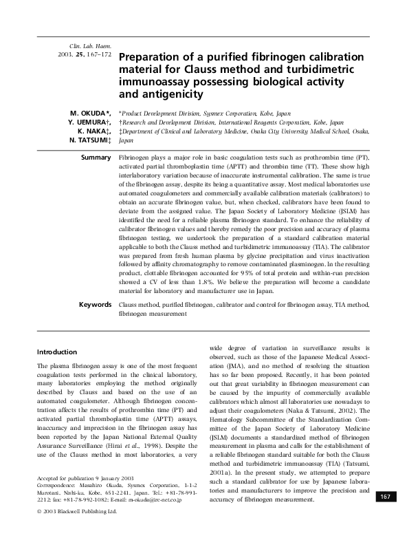 (PDF) Preparation of a purified fibrinogen calibration material for