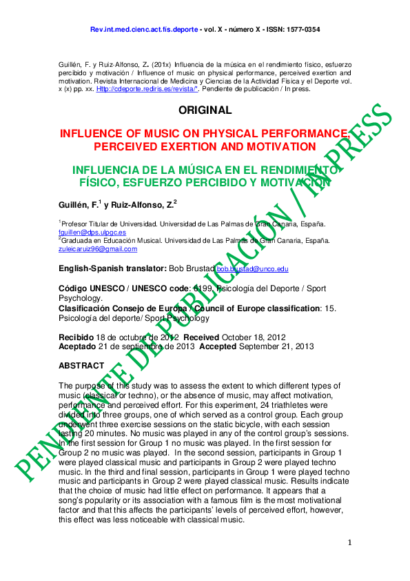(PDF) Influence of music on physical performance, perceived exertion ...