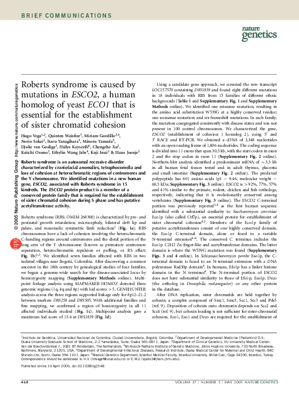 (PDF) Roberts syndrome is caused by mutations in ESCO2, a human homolog ...