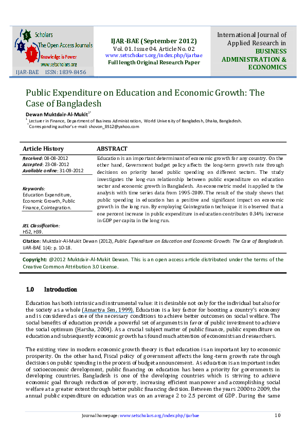(PDF) Public Expenditure on Education and Economic Growth: The Case of ...