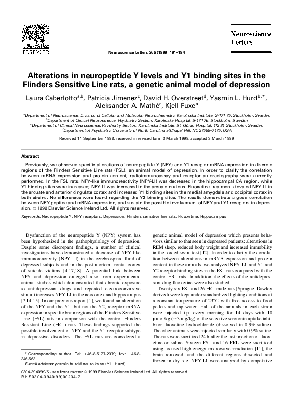 (PDF) Alterations in neuropeptide Y levels and Y1 binding sites in the
