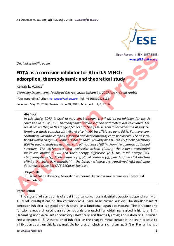 (PDF) EDTA as a corrosion inhibitor for Al in 0.5 M HCl: adsorption ...