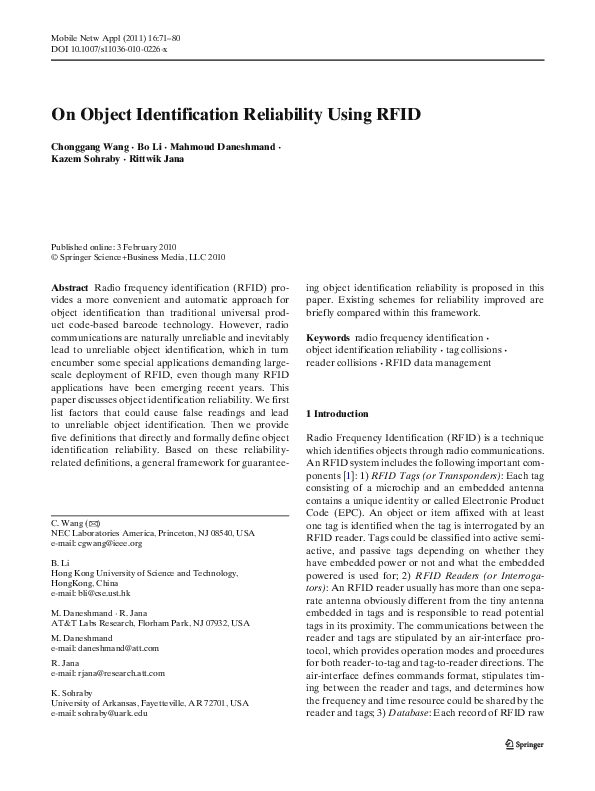 (PDF) On Object Identification Reliability Using RFID
