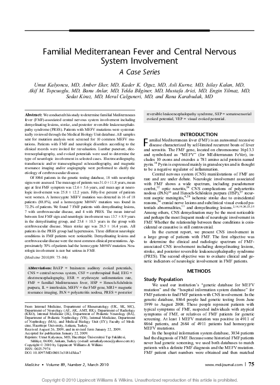 (PDF) Familial Mediterranean Fever and Central Nervous System ...
