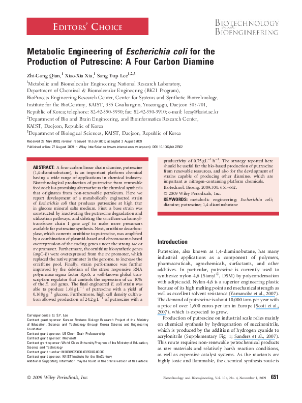 (PDF) Metabolic engineering of Escherichia coli for direct production ...