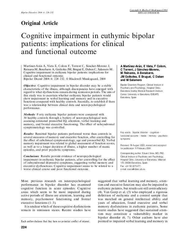 (PDF) Cognitive impairment in euthymic bipolar patients: implications ...