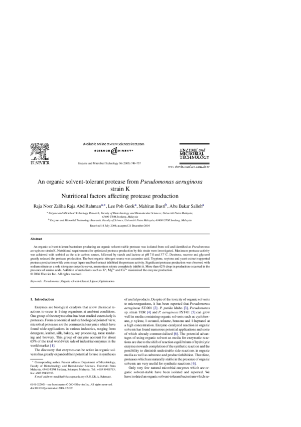(PDF) An organic solventtolerant protease from Pseudomonas aeruginosa