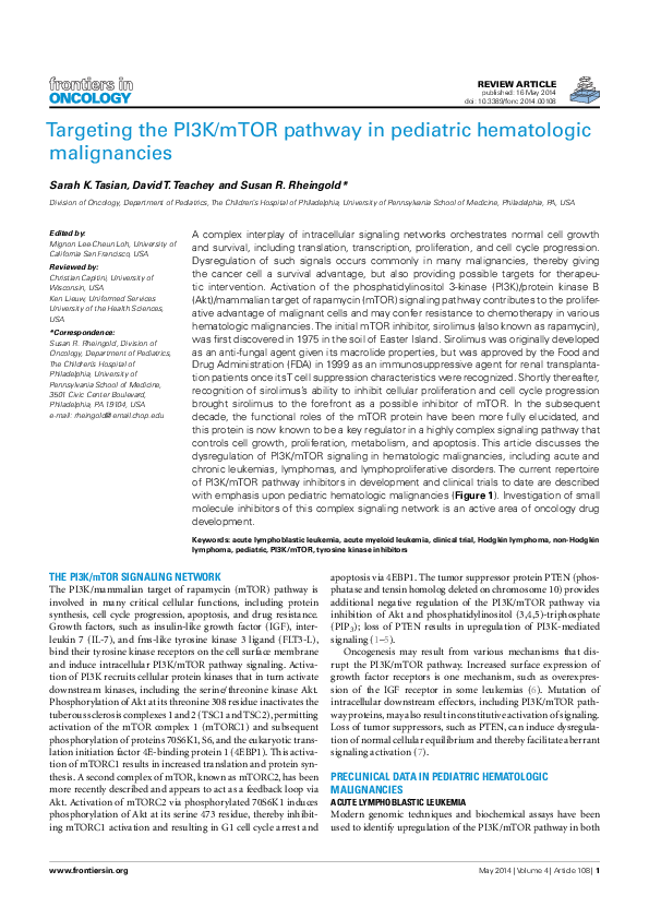 (PDF) Targeting the PI3K/mTOR Pathway in Pediatric Hematologic Malignancies