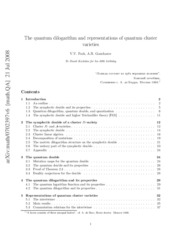 (PDF) The quantum dilogarithm and representations of quantum cluster ...