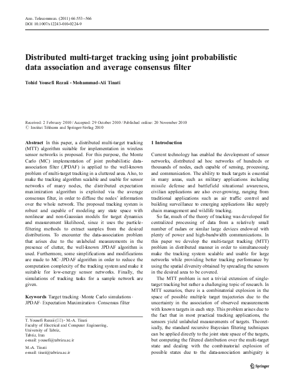 (PDF) Distributed multi-target tracking using joint probabilistic data ...