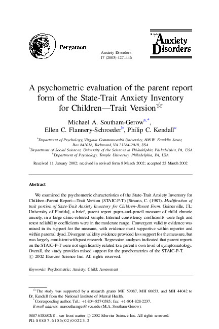 (PDF) A psychometric evaluation of the parent report form of the State ...